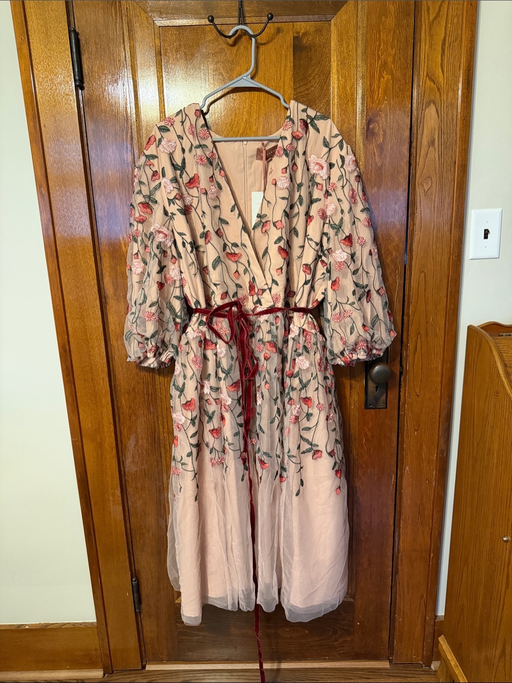 JessaKae Blush Floral Embroidered Maxi Dress with Red Tie - Picture 2 of 4